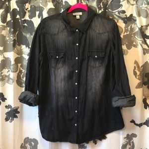 Dress Barn Black distressed denim button up blouse